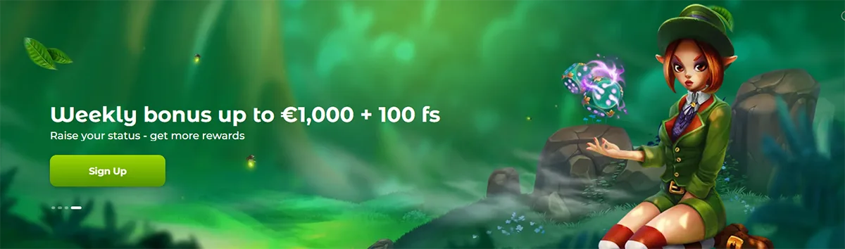 Casino promotional banner advertising a weekly bonus up to €1,000 plus 100 free spins, featuring a green forest background, a fantasy leprechaun-style character with glowing dice, and a green “Sign Up” call-to-action button.