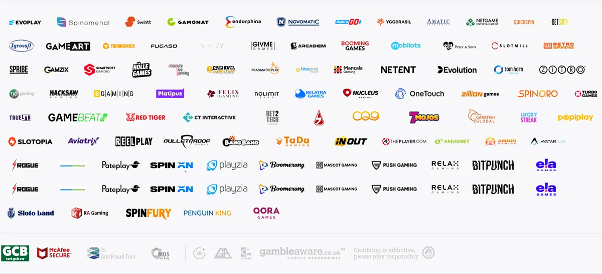 Grid of online casino game provider logos including Evolution, NetEnt, Novomatic, Yggdrasil, Play’n GO, Pragmatic Play, Red Tiger, Hacksaw Gaming, Gamomat, Amusnet, Microgaming partners, and many others, displayed above responsible gambling and security badges such as GambleAware, 18+, McAfee Secure, and anti-fraud certifications.
