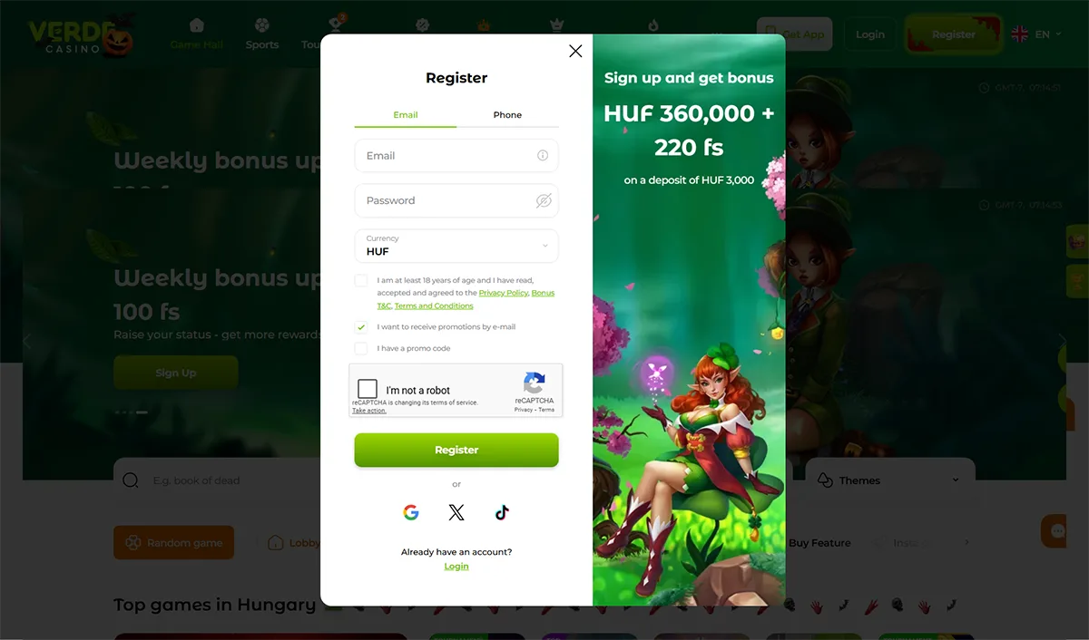 Verde Casino registration popup showing email sign-up with password and HUF currency selection, consent checkboxes, reCAPTCHA, and a green “Register” button, alongside a promotional banner offering a HUF 360,000 bonus plus 220 free spins, featuring an illustrated fantasy character on a green-themed casino interface.